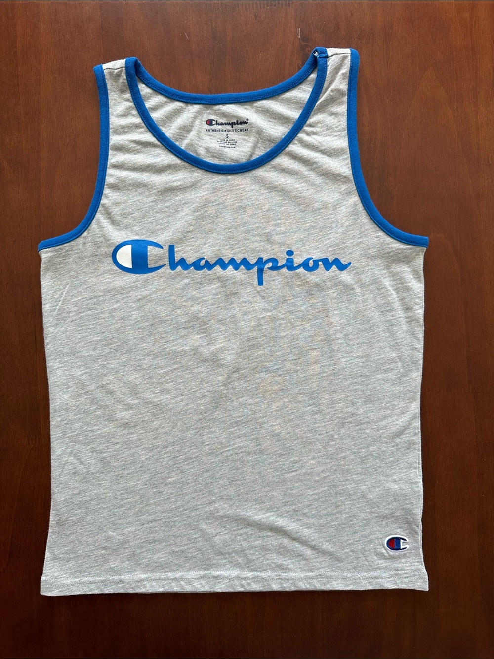 Champion Gray Tank Top with Blue Logo & Trim